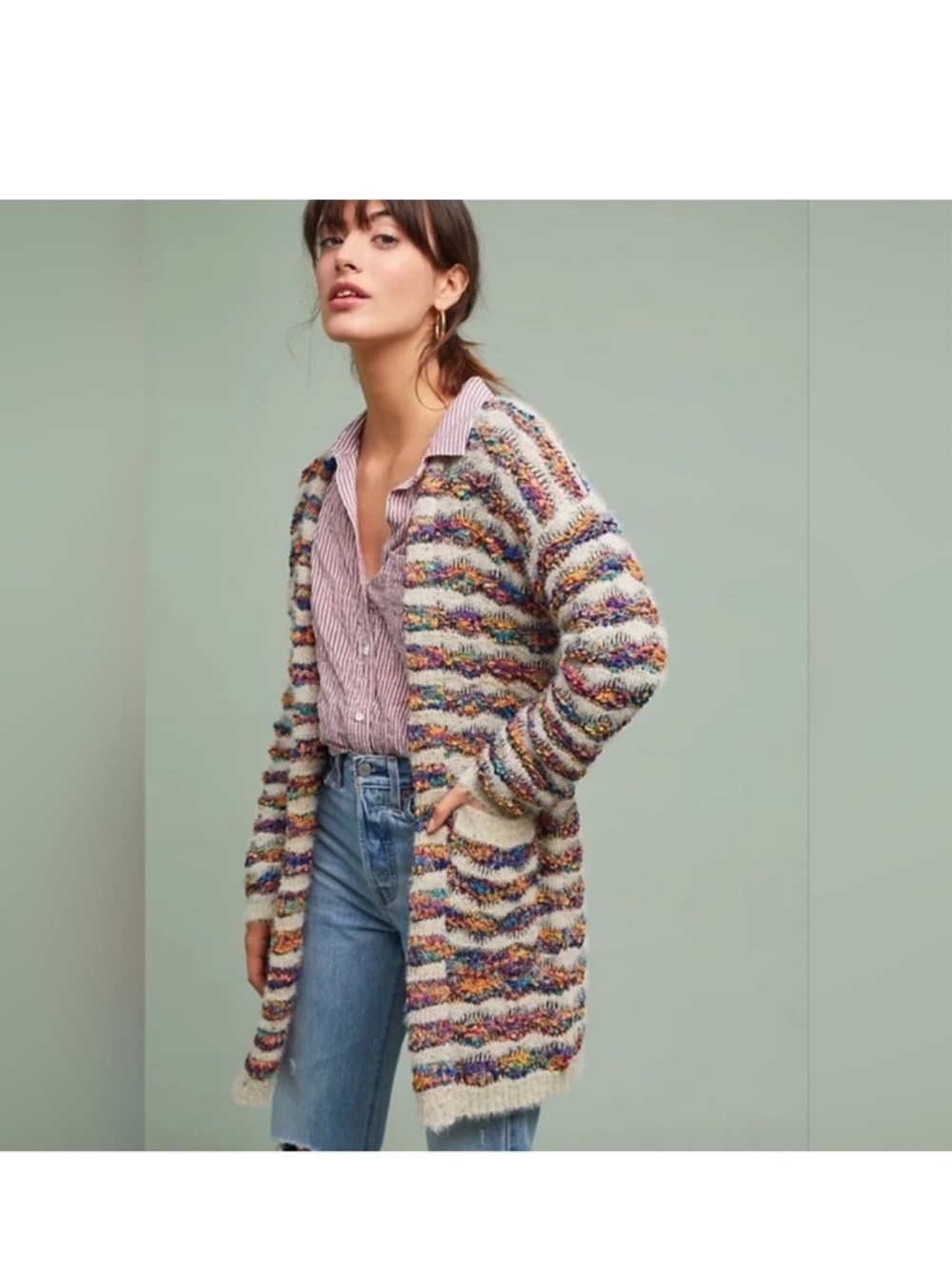 Anthropologie Moth Acadia Striped Sweater Cardigan Multicolor Rainbow Small